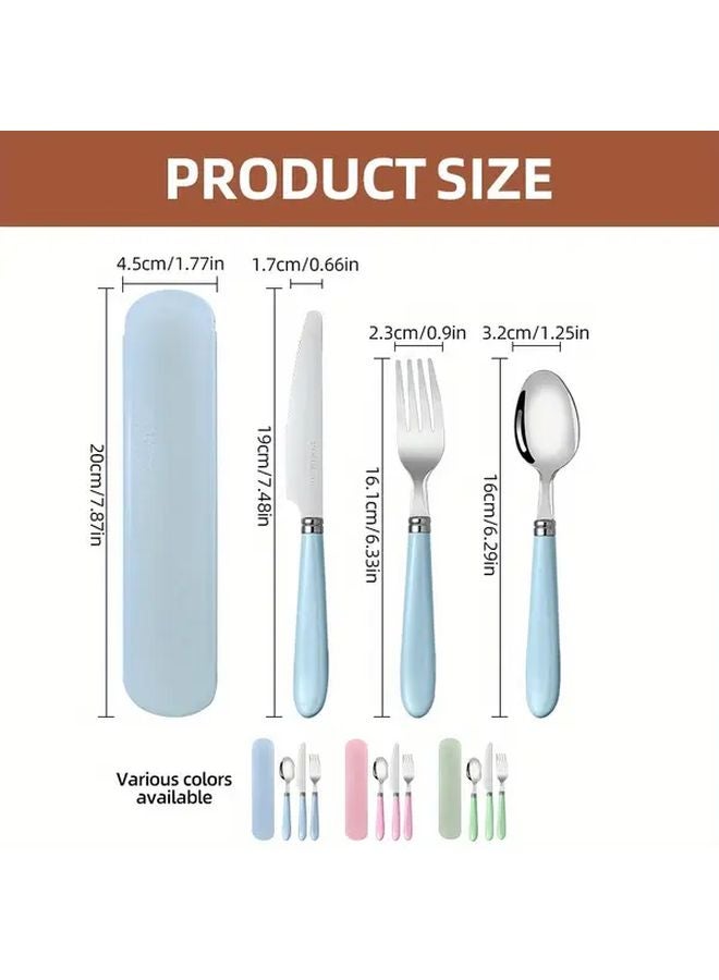 Blue 3 Piece Stainless Steel Utensil Set Portable Fork Spoon Camping Steak Tool - Image 3